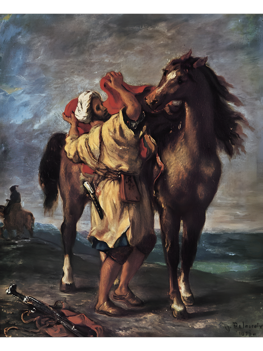 A Moroccan Saddling a Horse