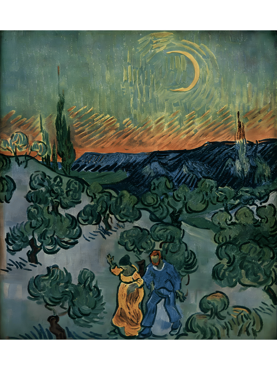 Landscape with Couple Walking and Crescent Moon